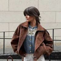 Chic Brown Faux Suede Cropped Casual Coat Vintage Lapel Solid Zipper Short Jacket 2025 Autumn Woman New Padded Shoulder Jackets 1