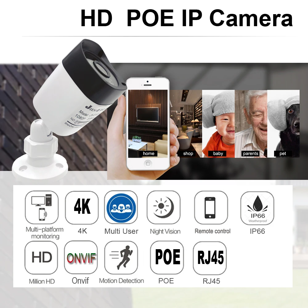 Poe IP Camera 8MP 4K Outdoor Waterproof Security Surveillance NightVision 4MP 5MP Onvif CCTV Video HD Home Cam Remote Monitoring