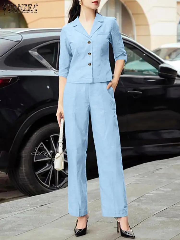 

ZANZEA Fashion OL Urban Tracksuits 2PCS 3/4 Sleeve Lapel Shirt Long Pants Woman Casual Party Outifits Female Vintage Office Suit