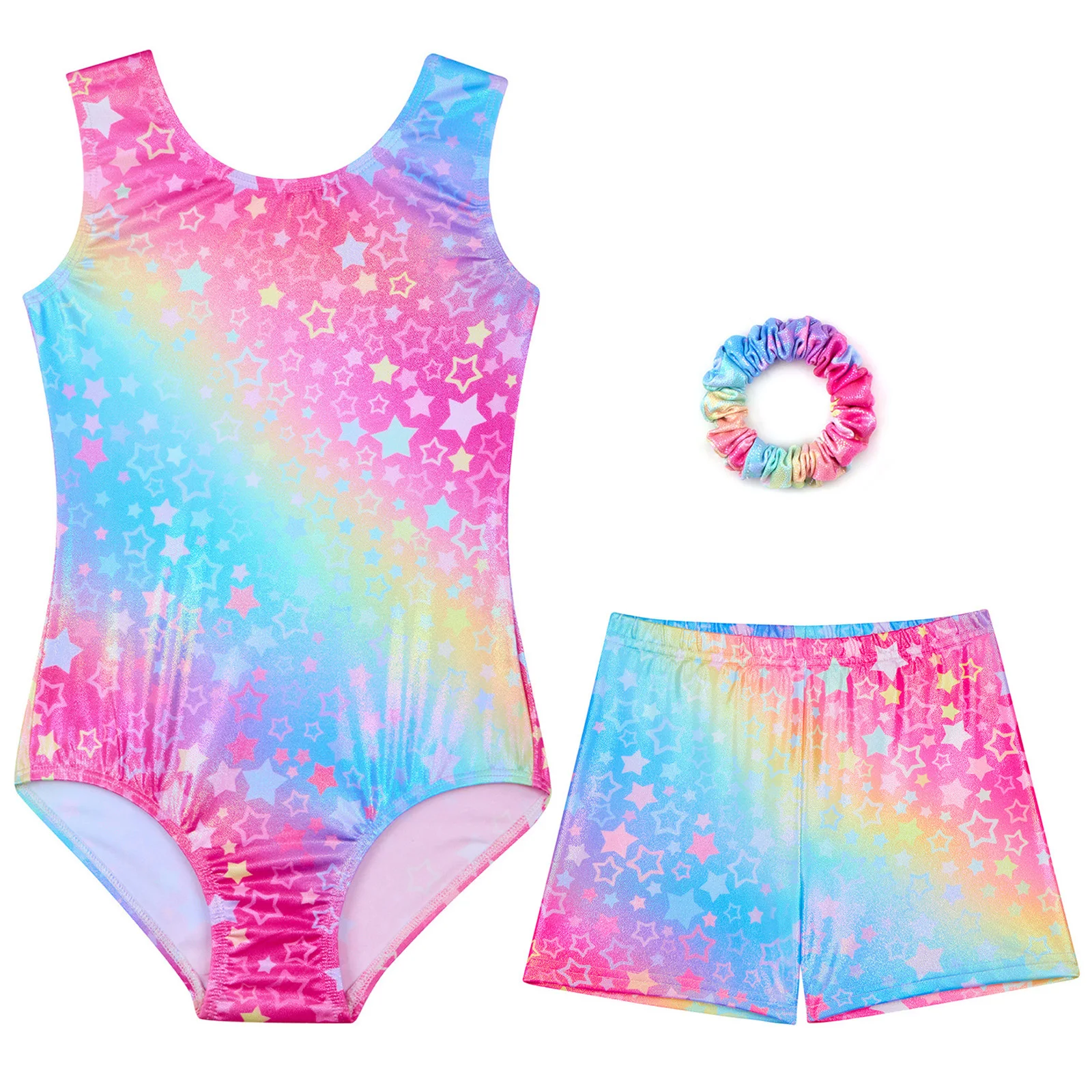 Kids Girls Figure Skating Bodysuit Ballet Outfits Fashion Colorful Leotard with Shorts Children's Gymnastics Jumpsuits Dancewear