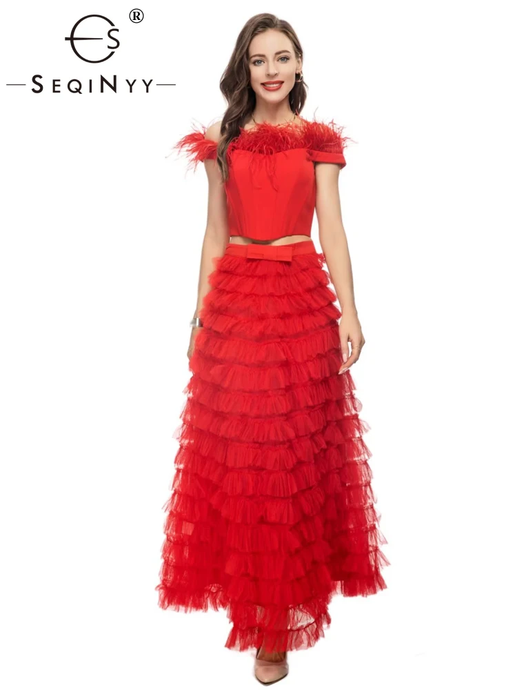 

SEQINYY Red Set Summer Spring New Fashion Design Women Runway Feather Short Top + Ruffles Cake A-Line Midi Elegant Party