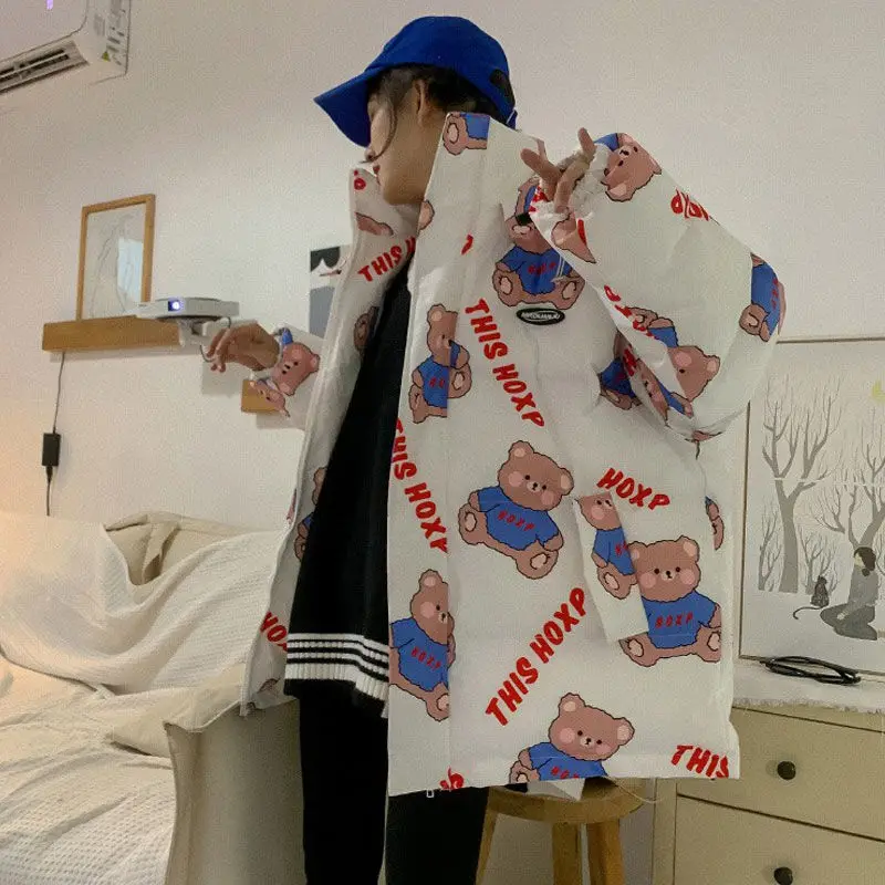 2023 new Cute Bear Print Cotton-padded Coats Warm Thicken Loose ParkasFashion Casual All-match Streetwear Winter Jackets
