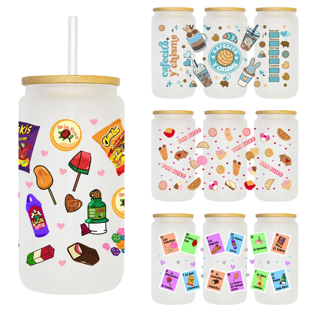 Snakcs-pegatinas de transferencia de envoltura de taza UV DTF de 16OZ, etiquetas personalizadas, logotipo impermeable duradero para lata de vidrio liberbey, cultura mexicana