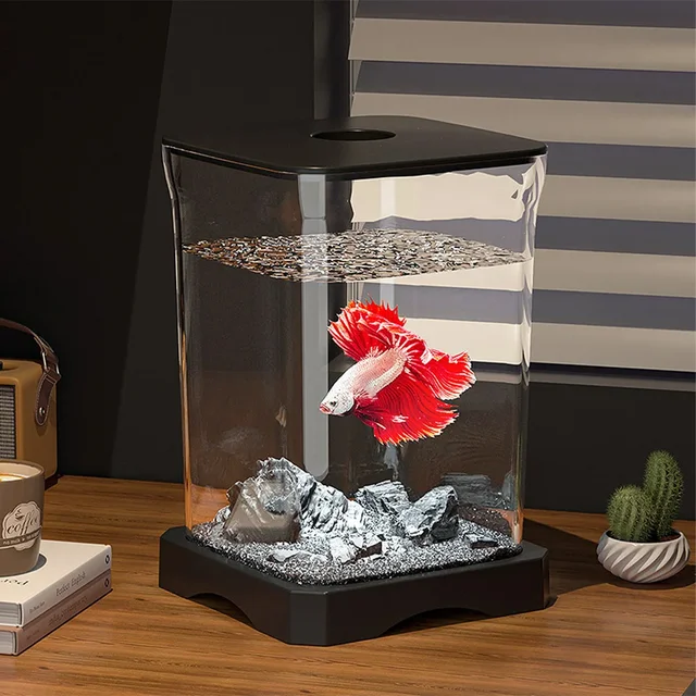 Mini Betta Fish Tank Starter Kit Aquarium Tank with Bottom Light Rectangular Mini Desktop Aquarium with Top Feeding Hole 3