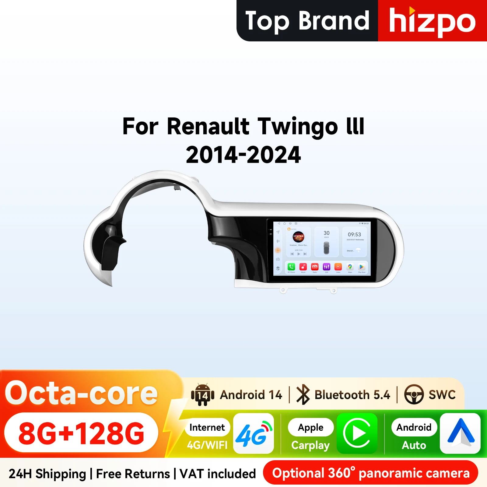 Hizpo 2Din 9 Zoll Android14 Autoradio für Renault Twingo 3 2014–2024 Snapdragon 6115 RDS DSP GPS Navi BT 4G Auto 360 ° CAM