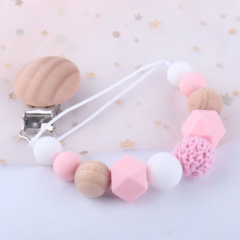 Silicone Dummy Clips Baby Pacifier Leashes & Cases Infant Teething Toys Beech Cartoon Wooden Chewable Toy Newborn Shower Gifts