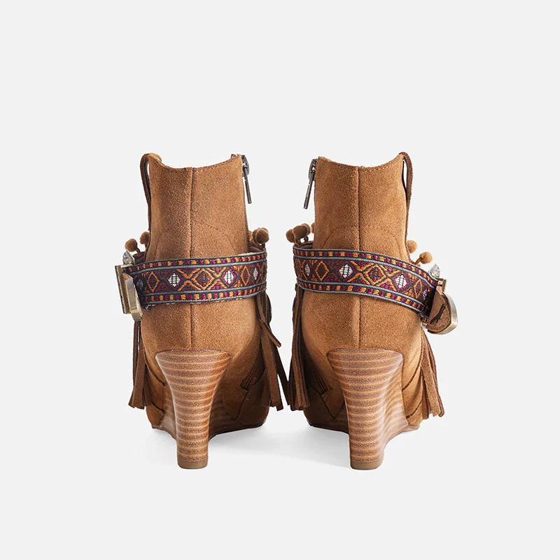 

MUMANI Woman‘s 2023 New Modern Boots Spring Autumn Genuine Leather FRINGE Metal decoration Embroidery Wedges Wedges Lady Footwea