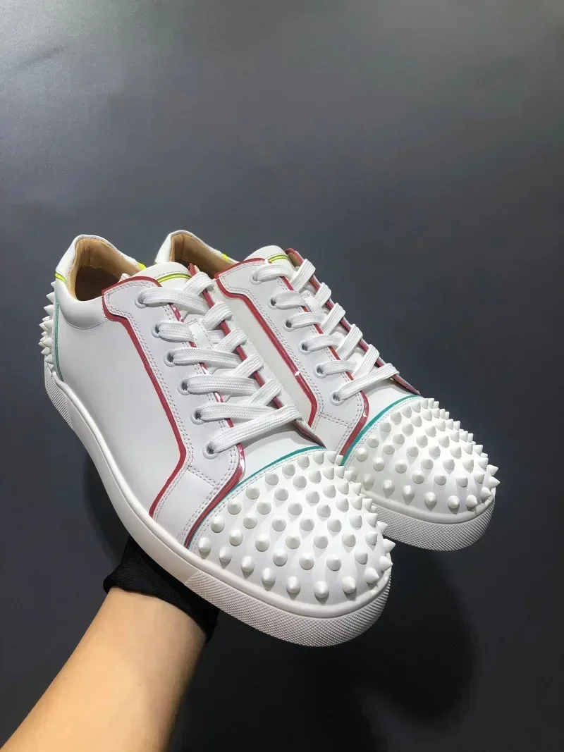 

Spike Rivet Women Sneakers Platform Flat Shoes Unisex Lace Up Genuine Leather Men Women Flats Studs White Basket Casual Sneakers