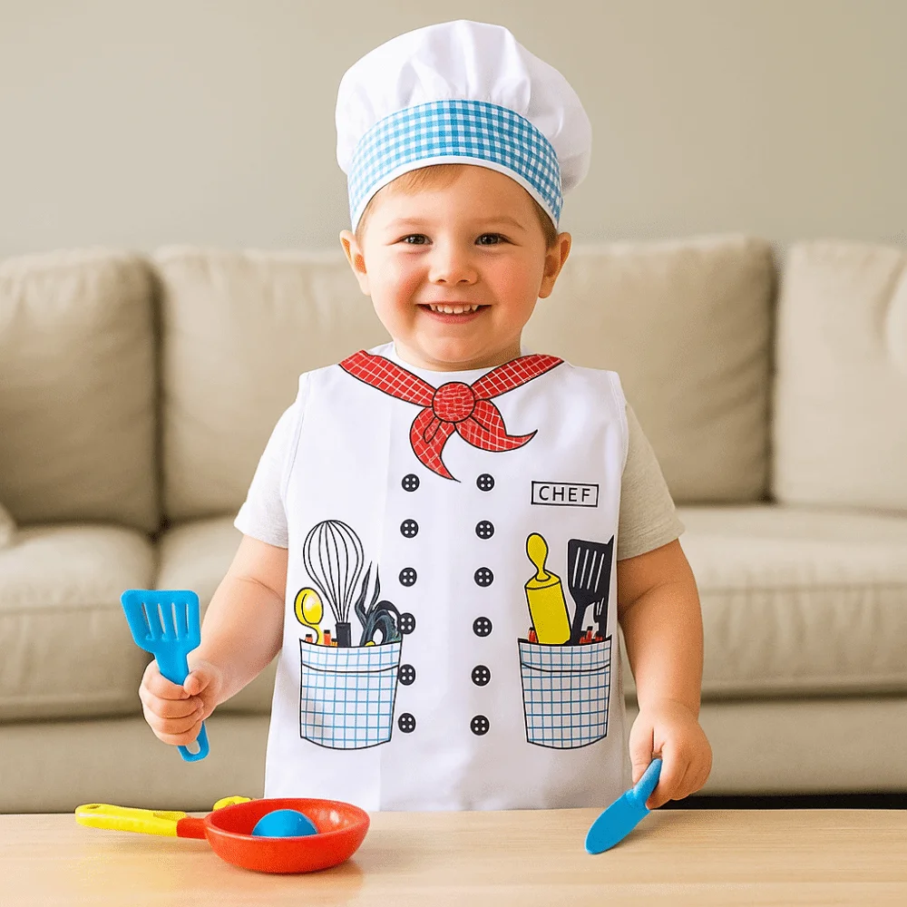 Creative Cartoon Pattern Toy Chef Uniform White with Cap Kitchen Suit Cosplay Role Play Cooking Toy Clothes Children's Play
