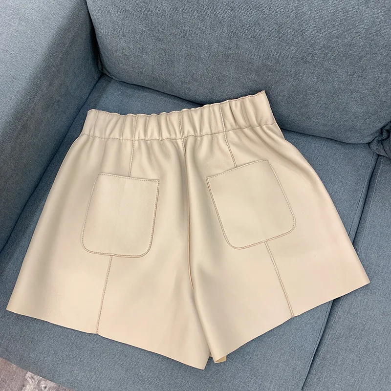 Autumn New Designer Women's High Quality Genuine Leather High-rise Wide-leg Shorts A891
