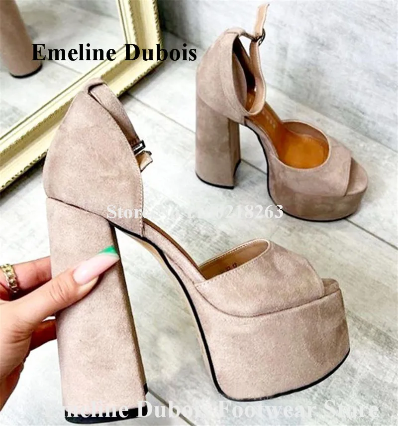 

Sexy Block Heel Sandals Emeline Dubois Peep Toe High Platform Chunky Heel Beige Suede Club Shoes Ankle Strap Buckles High Heels