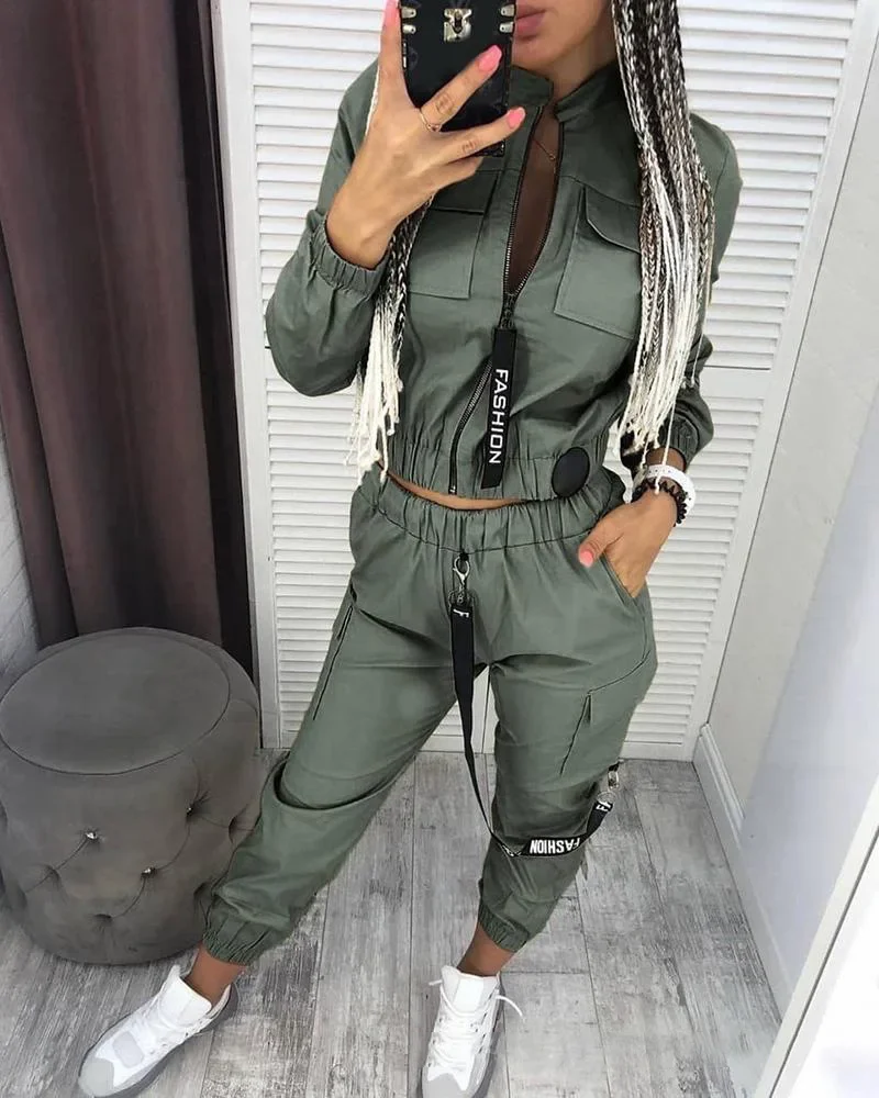 Green Fashion Suit Women Autumn Spring Two Piece Set Sportswear Running Casual Zipper Ruched Long Sleeve Coat +Pants Sets Ladies new long sleeve elegant notched collar padded shoulder stripe ruched blazer dress winter slim suit ladies dresses vestidos white