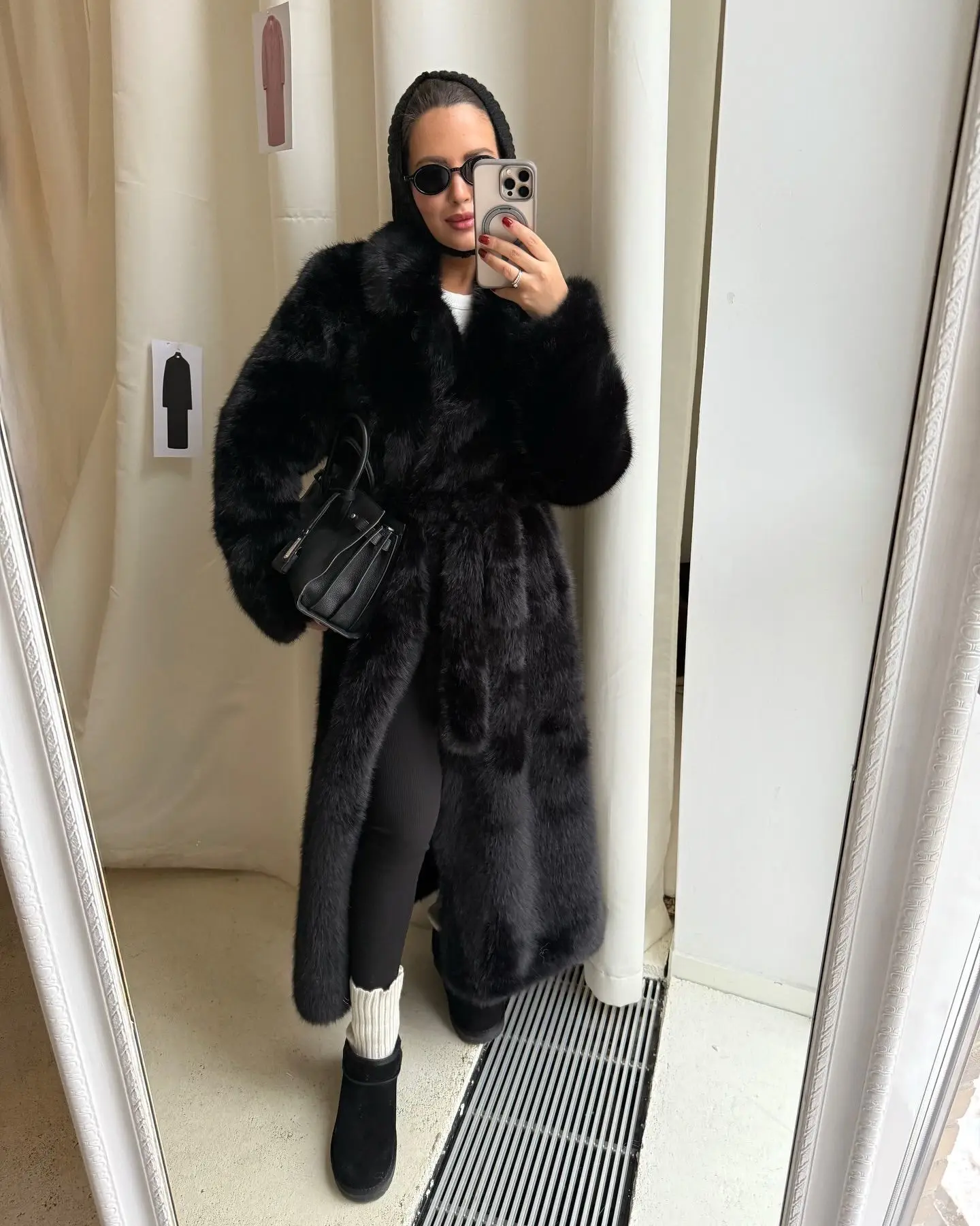 Women's fashion coat plain high-end fur long-sleeved pocket lapel top autumn and winter new coat