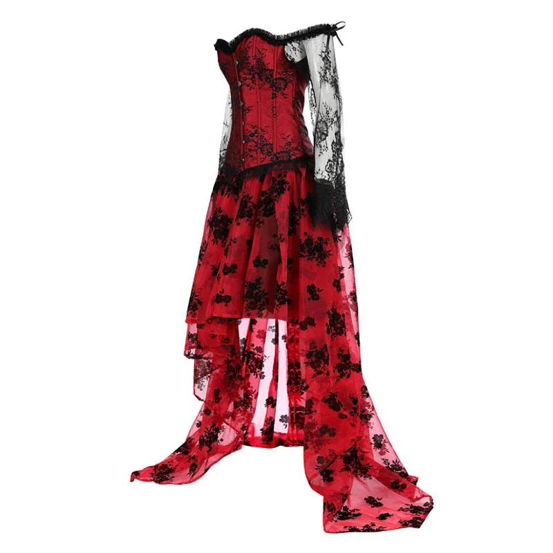 Sexy Lace Skirt Set corsets dress Women's Sexy Jacquard Lace Up Overbust Bustiers Dress Gothic Body Shaper