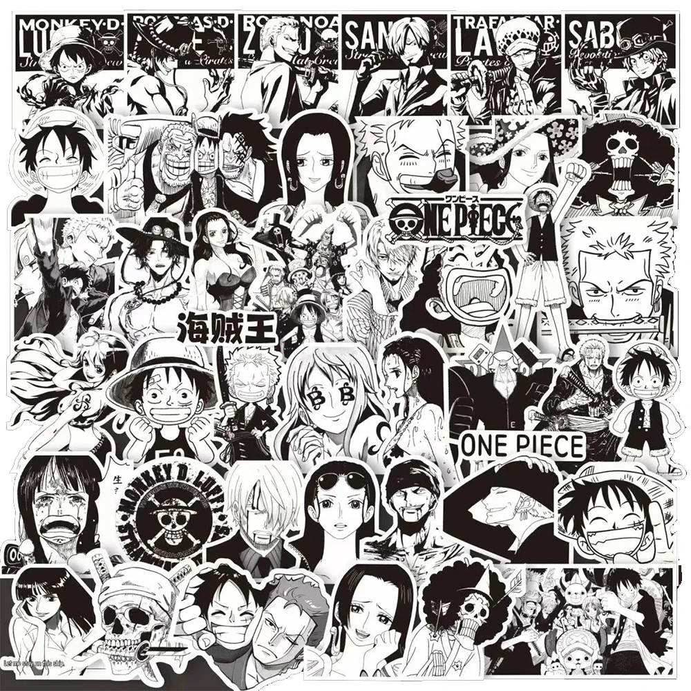 10/30/65 Stück schwarz-weiße einteilige Aufkleber Luffy Zoro Anime Aufkleber Skateboard Motorrad Tasse Briefpapier klassisches Spielzeug Aufkleber