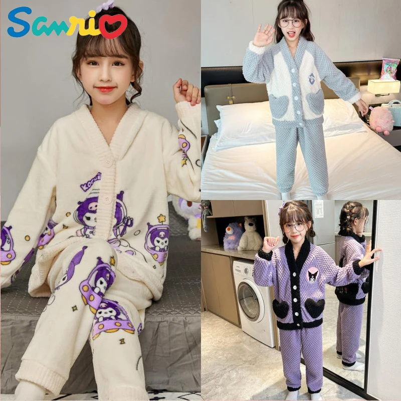 

Anime Sanrios My Melody Cinnamoroll Kuromi Kawaii Parent-Child Kids Pajamas Set Flannel Thickened Cute Girls Baby Home Clothes