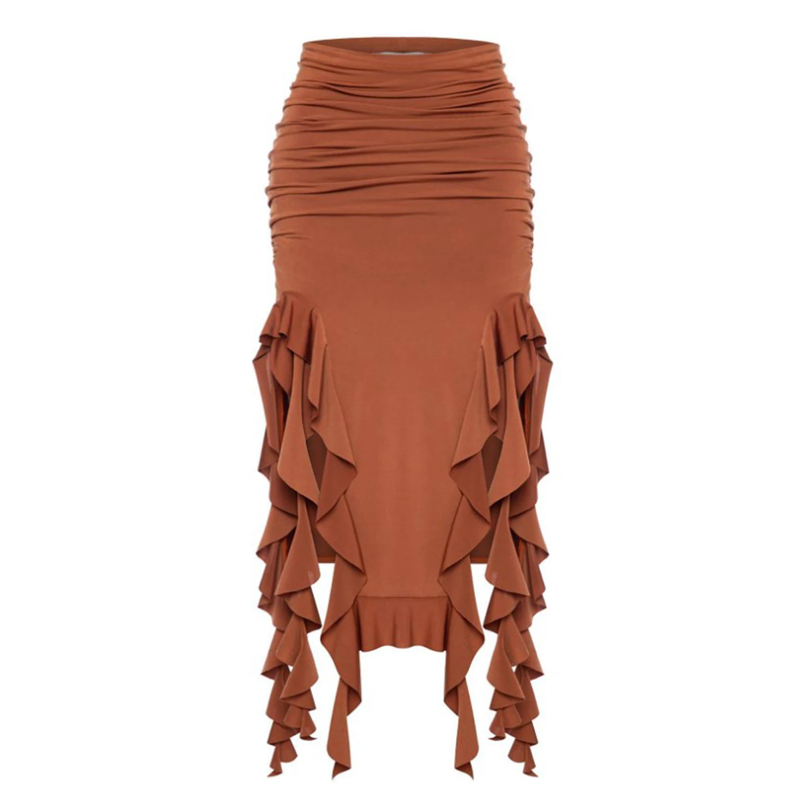 

Womens Ruffles Tassels Skirt Fashion Solid Color Split Ruched Elastic Waistband Bodycon Skirts for Party Club Vacation Beach