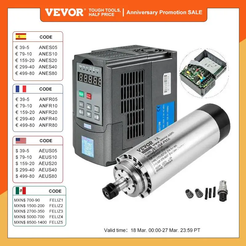 

VEVOR Air Cooled Spindle Motor 0.8KW 1.5KW 2.2KW 4KW Variable Frequency Drive VFD Inverter 220V for CNC Engraving Milling Grind