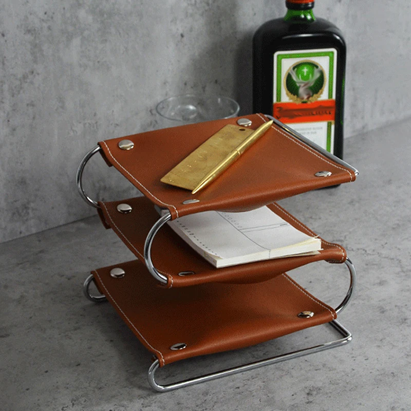 

Модный трехуровневый кожаный стеллаж для хранения в гостиную, кофейный столик, домашний поднос для хранения мелочей, декоративный поднос для рабочего стола