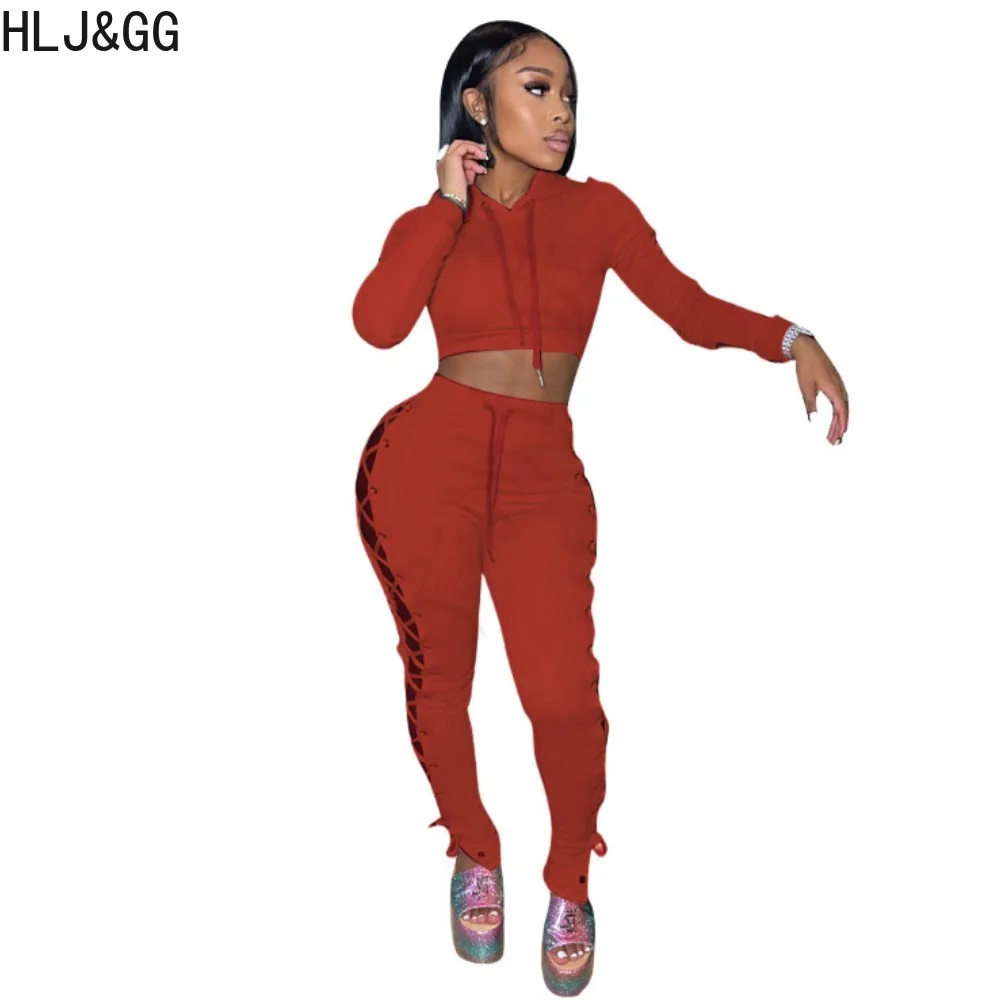 HLJ&GG Autumn Hollow Bandage Skinny Pants Two Piece Sets Women Hooded Long Sleeve Crop Top And Pants Tracksuits Outfits 2023 New