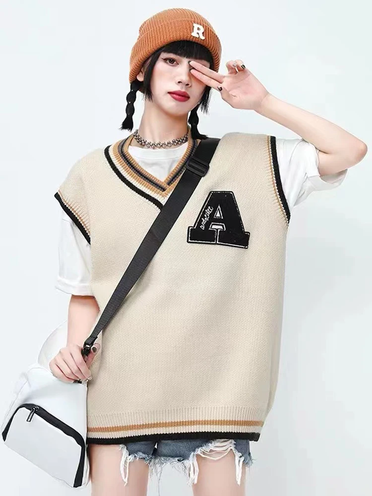 

Women's OVersize Sweateknitted Sweater V Neck Sleeveless Korean Fashion Jumper Korean Style Letter Print Vintage Vest
