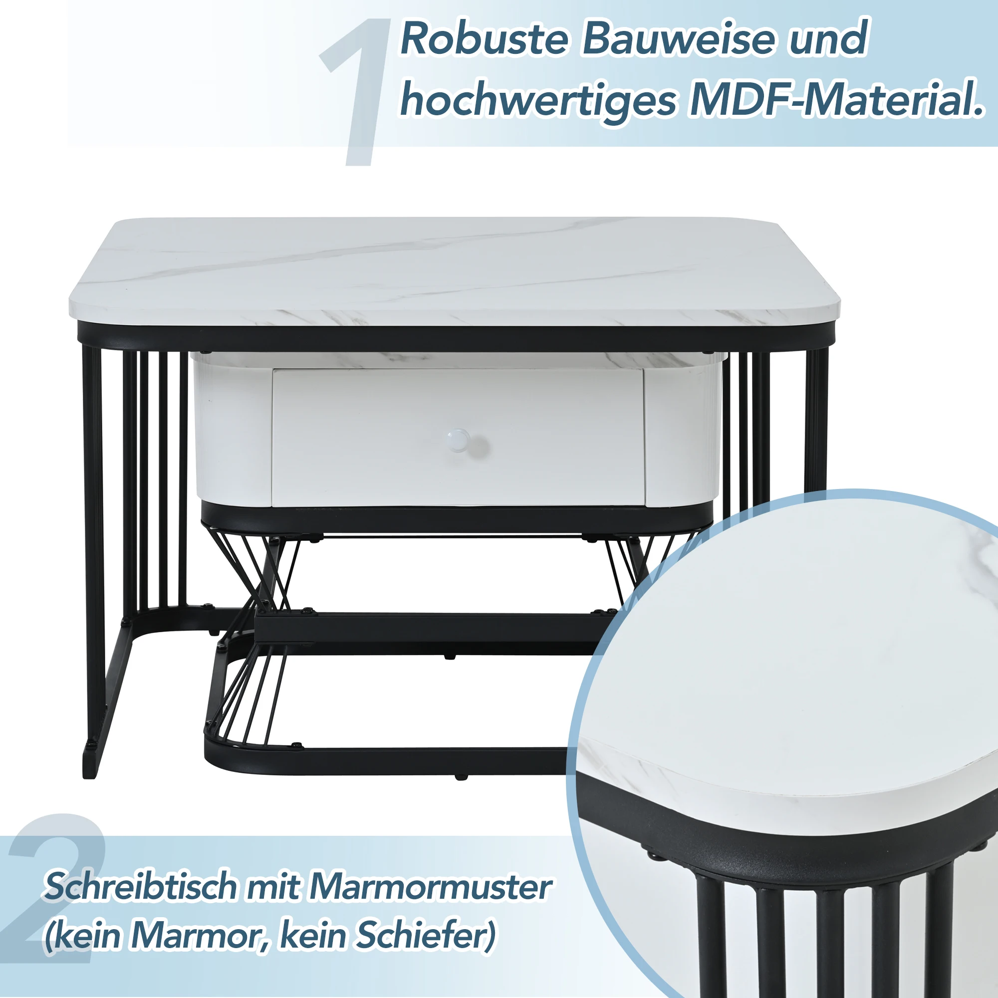 2-teiliges Couchtisch-Set, geometrisches Couchtisch-Set, Hochglanz-Marmor-Look, Wohnzimmertisch-Set mit 1 Schublade, Sofatisch – Detail 26