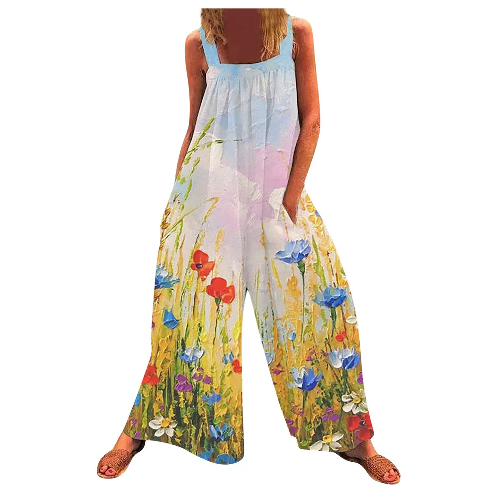 Women's Jumpsuit Summer New Casual Fashion Sleeveless Square Neck Printed Loose Fitting Long Strap Wide Leg Pants