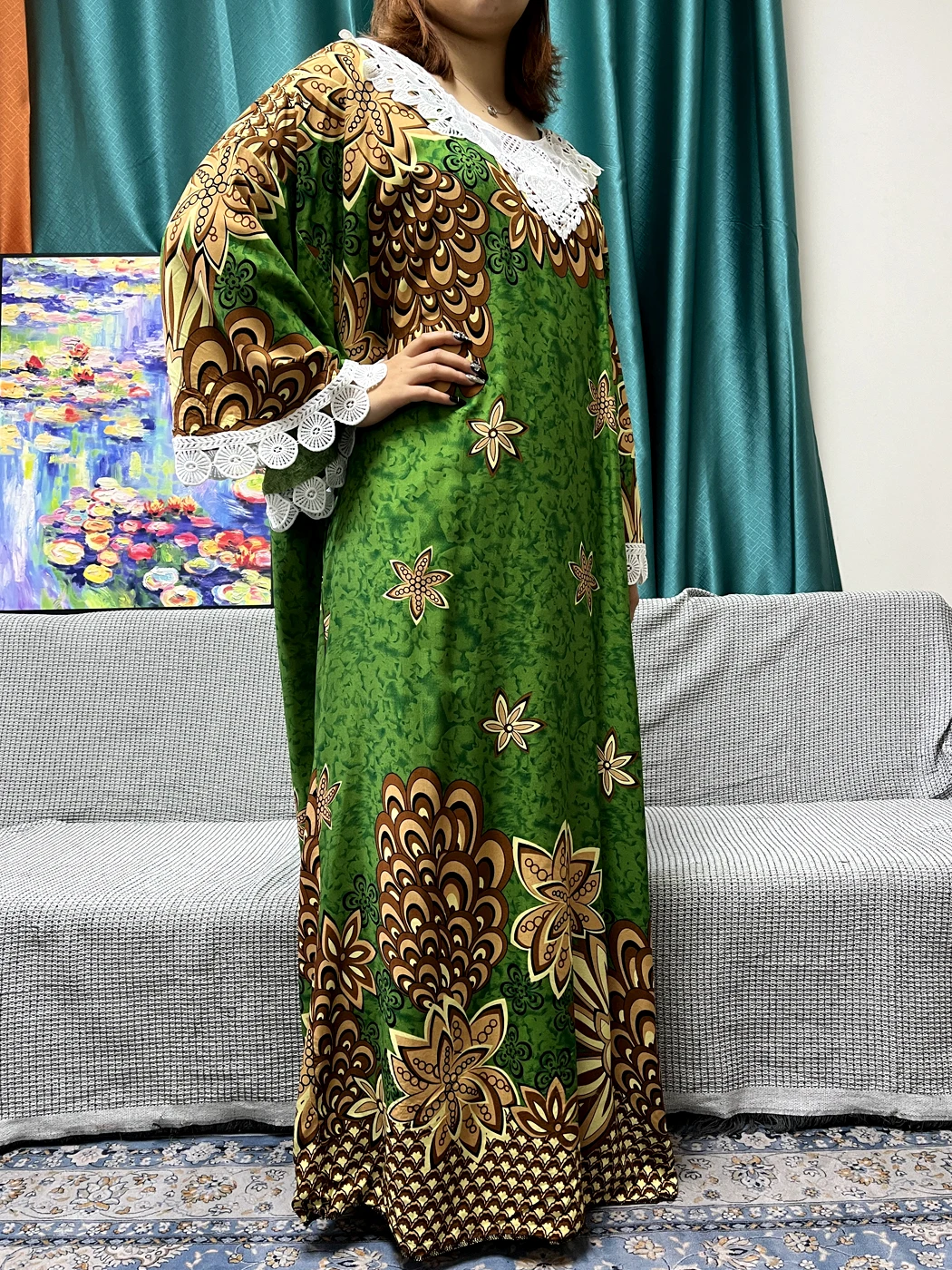 Abayas For Women Printed Appliques Cotton Lace Long Sleeves Loose Femme Robe African Islam Dresses With 210x140cm Shawl Scarf