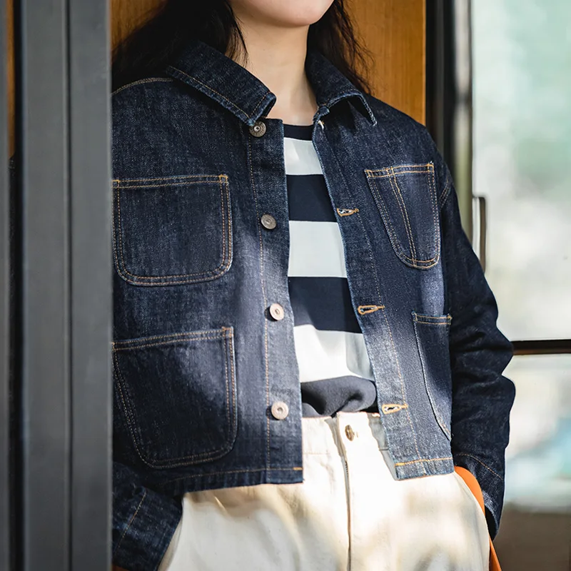 Maden Women’s Short Jeans Jacket 14 oz Vintage Denim Coats Lapel Collar