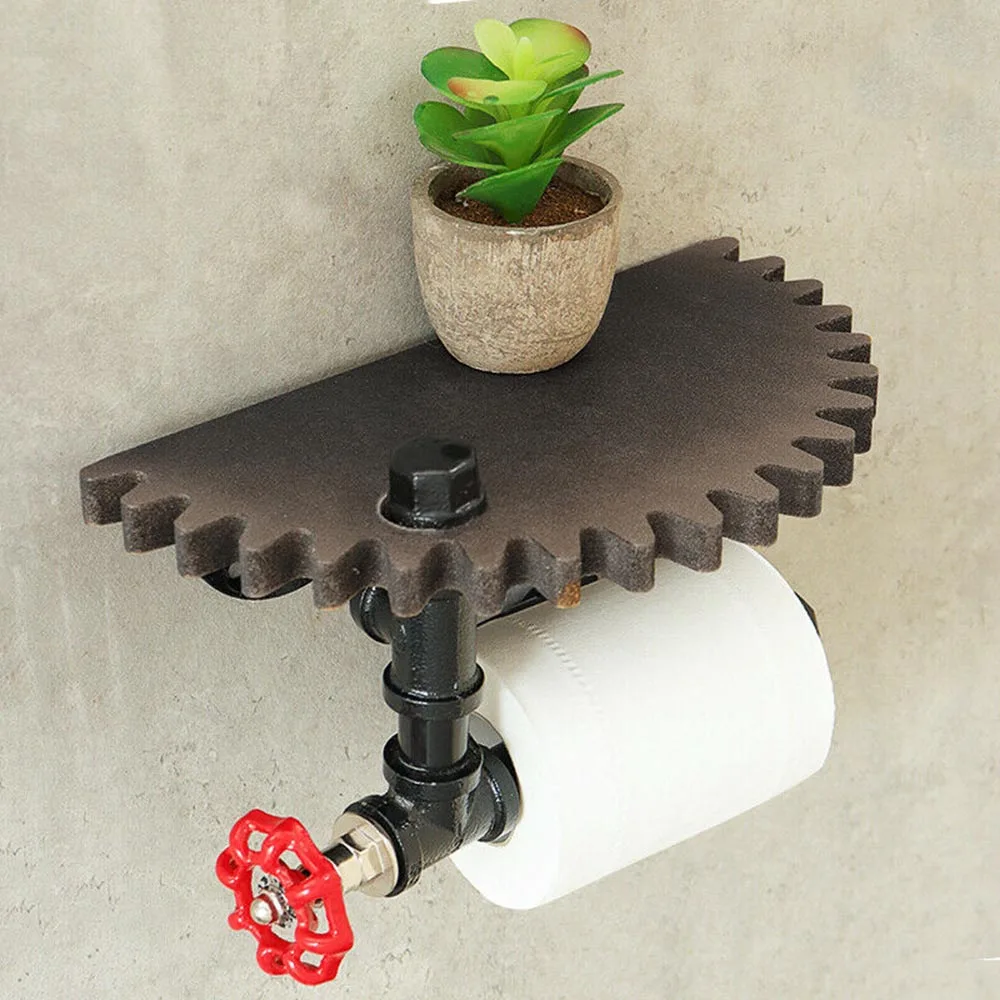 

Vintage Industrial Pipe Bracket Toilet Paper Holder, Rustic Wood Gear Wall Shelf, Adds a Trendy Look to Your Bathroom