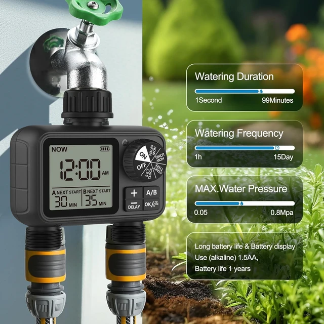 Water Timering Newest 2-Outlet Digital Water Timer A/B-Zone Independent Programer Control Adjustable Sprinker Easy Installation 3