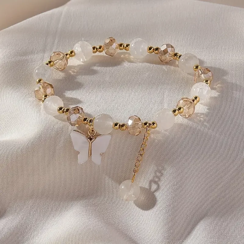 Purple Butterfly Charm Stretch Bracelet with Multi-Color Faceted Beads - Cute Jewelry Gift