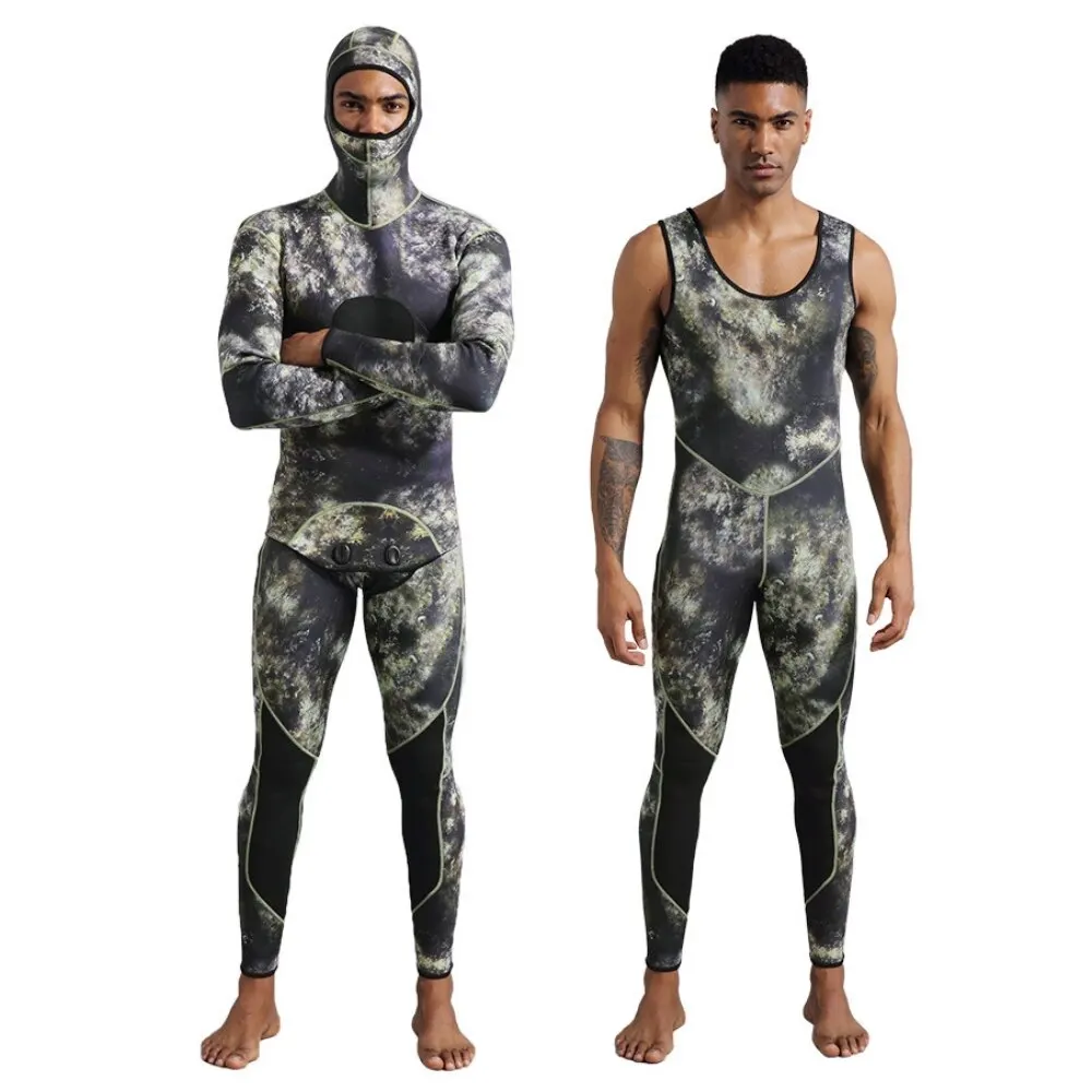 Wetsuit 3mm Camouflage Long Sleeve Fission Hooded 2 Pieces Of Neoprene Submersible For Men Keep Warm Scuba Diving Suit Swimwear