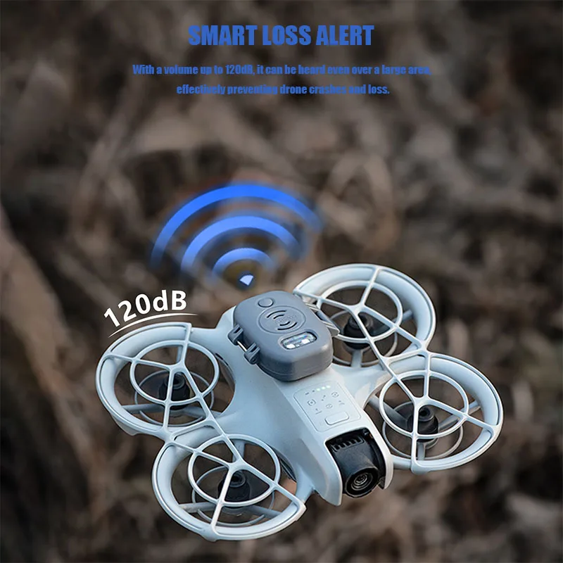 Alarme Tracker DJI NEO fixée sur un drone, émetteur sonore et lumineux activé