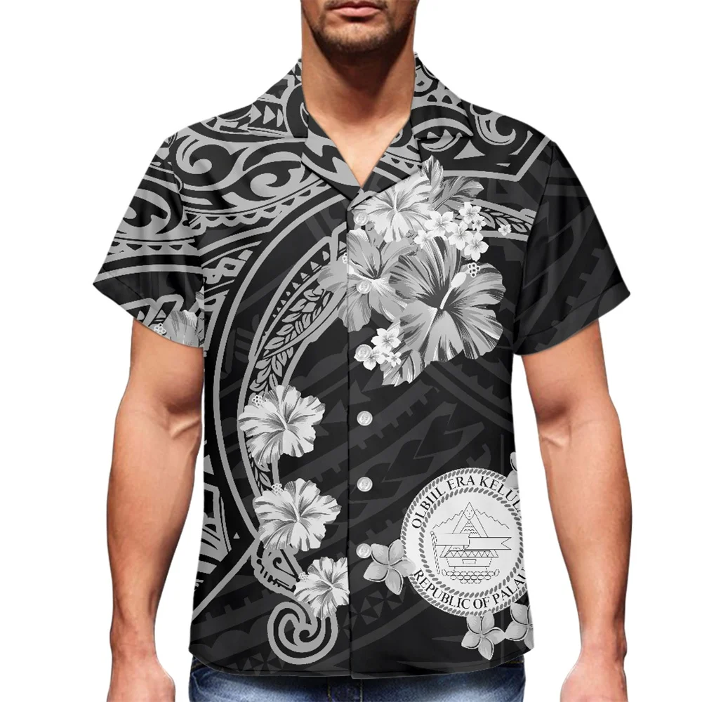 Plus Size Men's Palau Streetwear Polynesian Tribal Clothing Frangipani Print Colorful Shirts Short Sleeve Tops