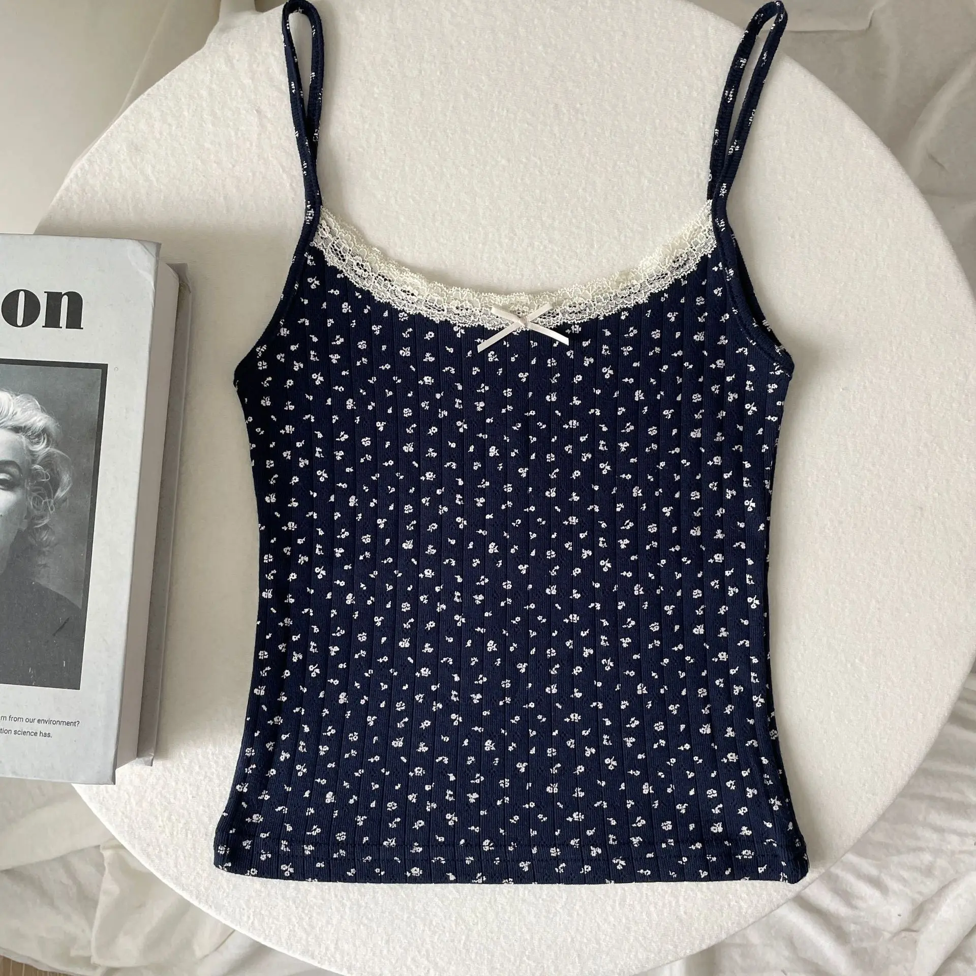 Floral Eyelet Lace-Trim Bow Tank Top - Women's Slim Cotton Camisole