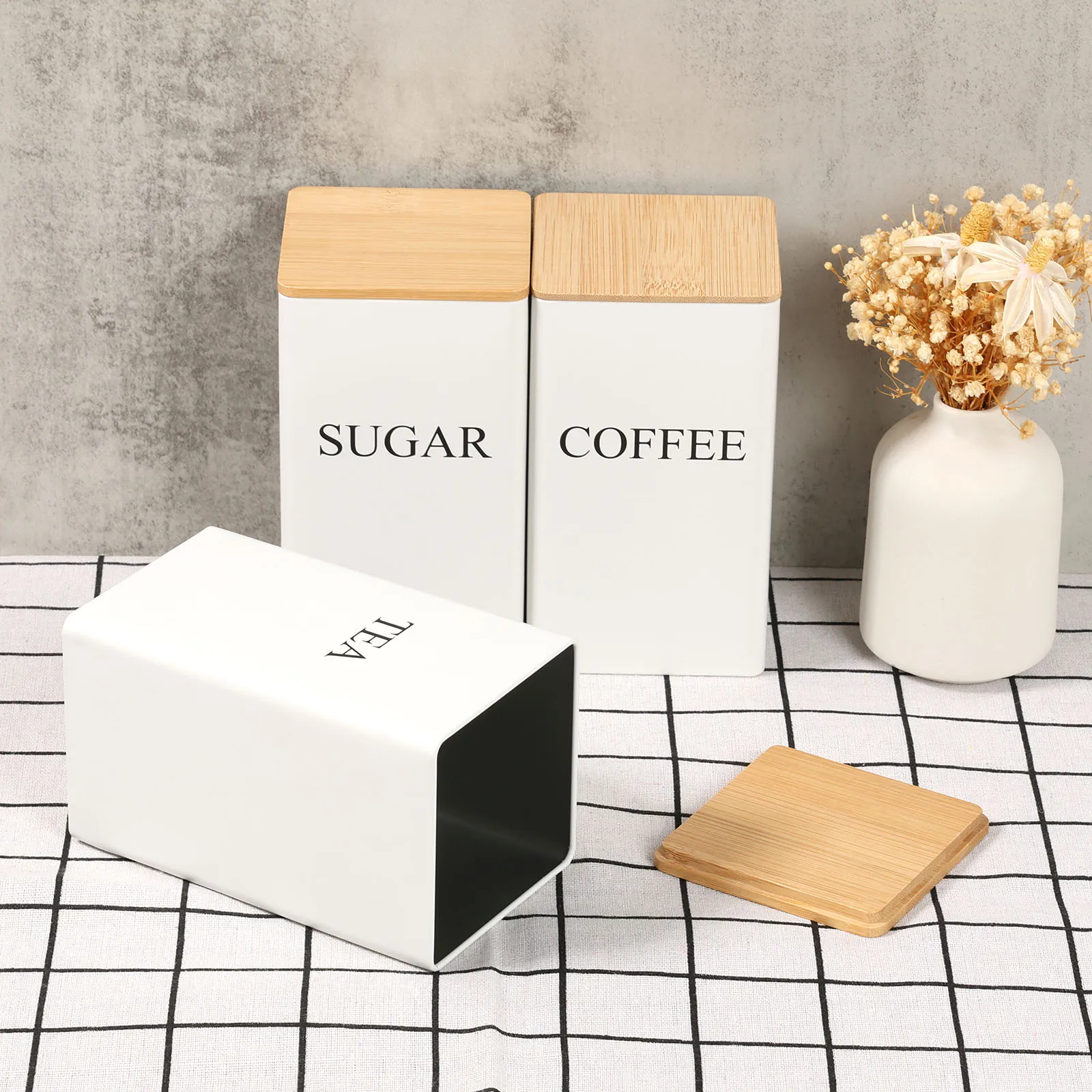 Coffee Storage Jars Set - 3Pcs Metal Containers with Bamboo Lids for Beans Sugar and Tea