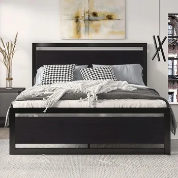 Queen Size Bed Frame with Modern Headboard, Heavy Duty Platform Metal Base with Square Footboard and 13 Strong Slats 1