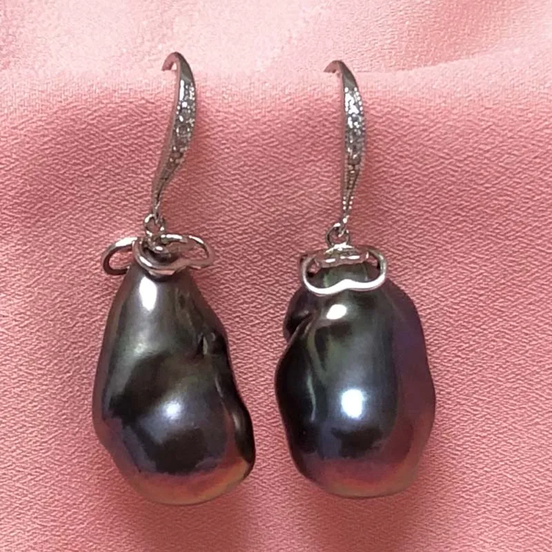 

ELEISPL JEWELRY 14x22mm Baroque Black Pearl Dangle Earring Hook #230030-5