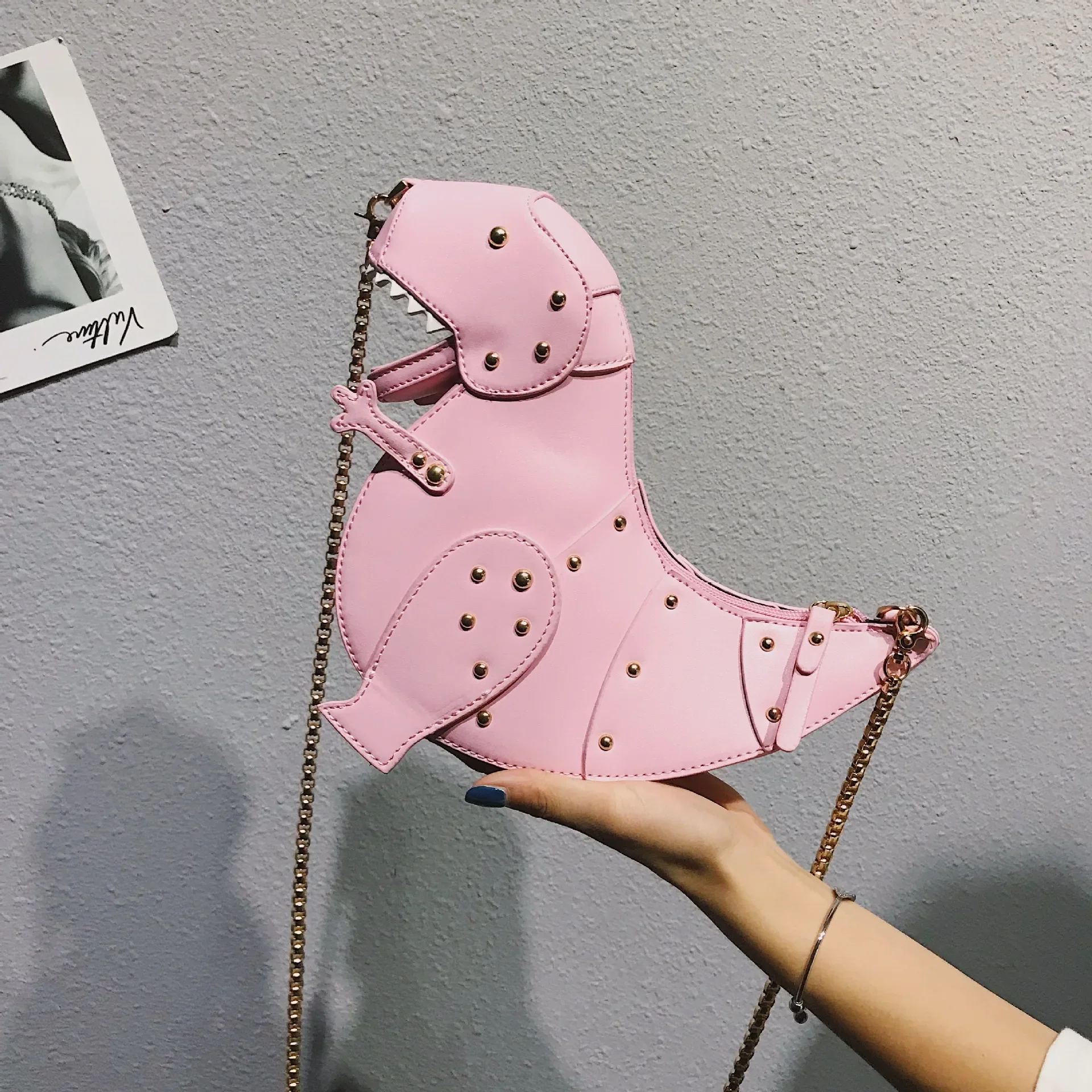 

New Trend Fashion 3D Dinosaur Design Rivets Pu Leather Girl's Chain Purse Shoulder Bag Tote Crossbody Mini Messenger Bag Flap