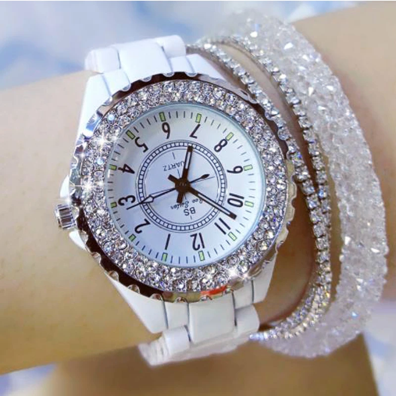 Elegant Ceramic Watch for Women Free Shiping Luxury Brands Rhinestones Waterproof Wristwatches for Ladies Montre Femme