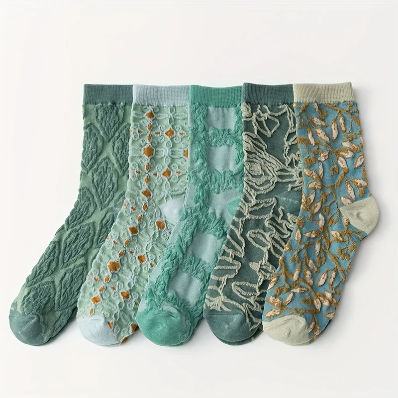 

5 Pairs of 3D Textured Socks, Comfortable and Breathable Mid Tube Socks, Women's Long Tube Socks