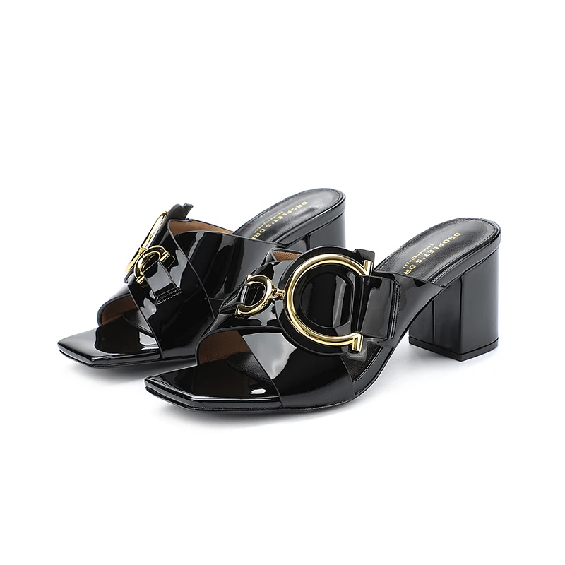 Women's Slippers 2023 High Heel Casual Shoes Women's Open Toe Summer Genuine Leather Square Head Thick Heels Women's Shoes 35-44