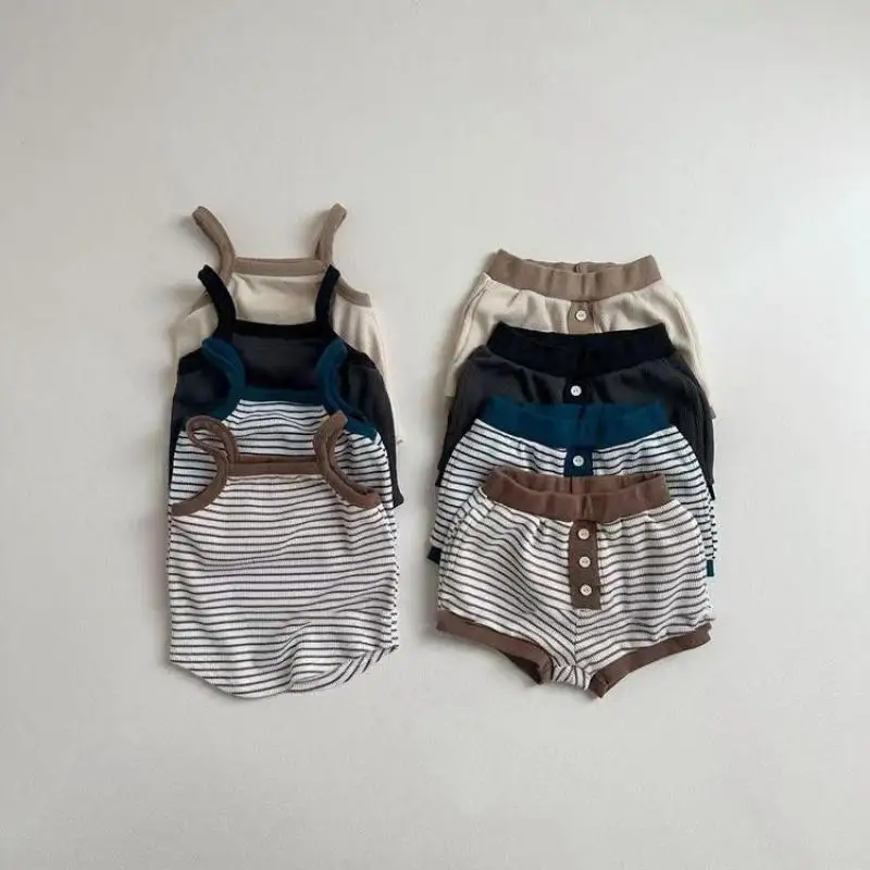2025 Summer New Baby Sleeveless Clothes Set Infant Boy Girl Waffle Sling Vest + Shorts 2pcs Suit Toddler Casual Striped Outfits