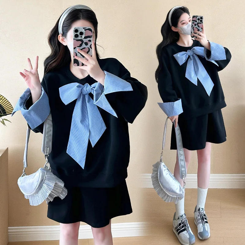 Preppy Maternity Clothes Set Pregnant Women Loose Bow Tie Top + Skirt Beautiful Fashion Mom Autumn Winter Casual Sweet Suit