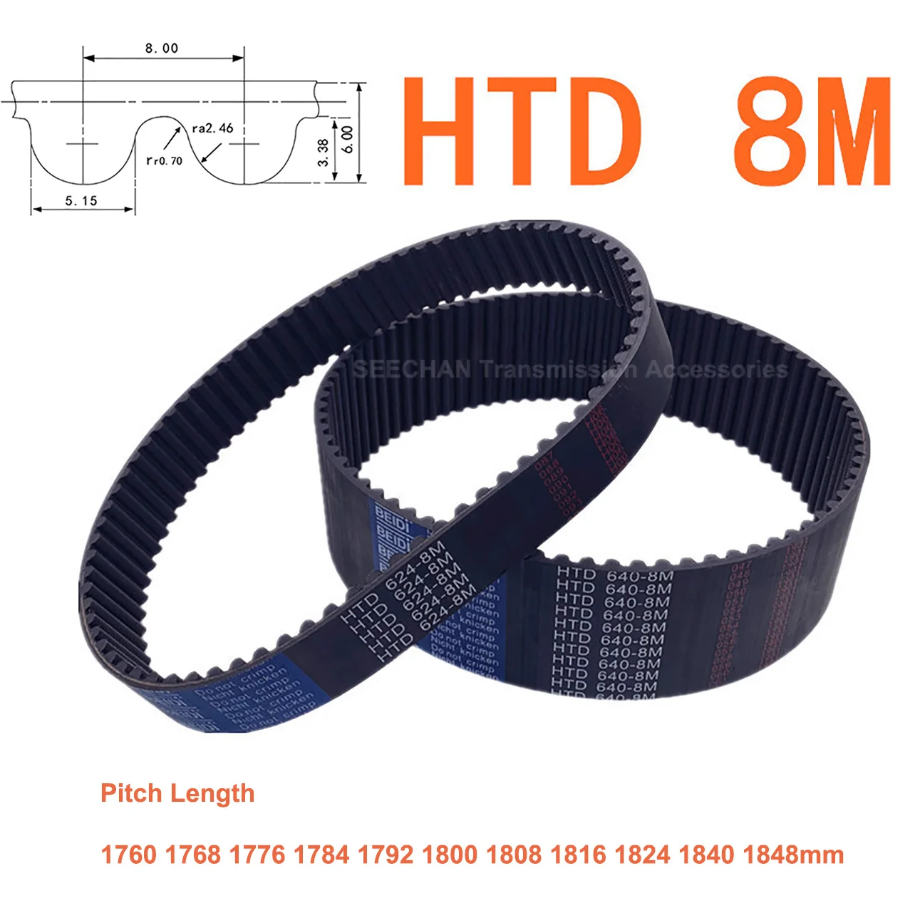 Borracha Fechado Síncrona Htd Correia Dentada Largura 15 20 25 mm Perímetro 1760 1768 1776 1784 1792 1800 1808 1816 1824 1840 1848 Milímetros 8m de