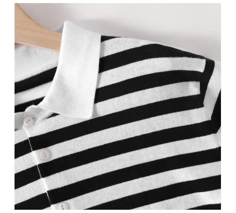 Vintage black and white striped short-sleeved loose breathable casual upper knit polo shirt 10 S6df6d06680294412bc76f80bb201e799f