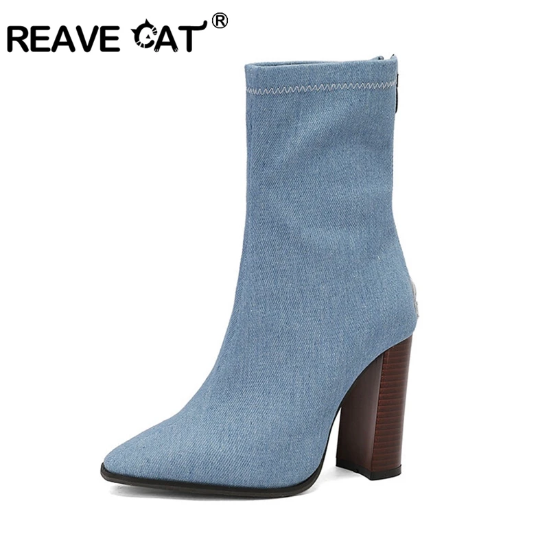 

Женские ботильоны с острым носком REAVE CAT, кожаные полусапожки на блочном каблуке 10 см, большие размеры США 17, 45, 48, 50, красные, леопардовые, синие змеиные ботинки