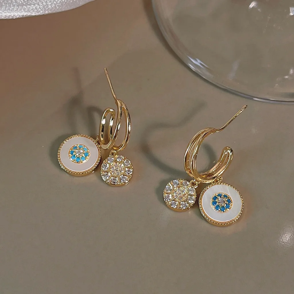 Orecchino Rotondo Conchiglia Di Mare Abalone Naturale Fiore Waterdrop Madreperla Zircone Bianco Doppio Strato Gioielli Donna