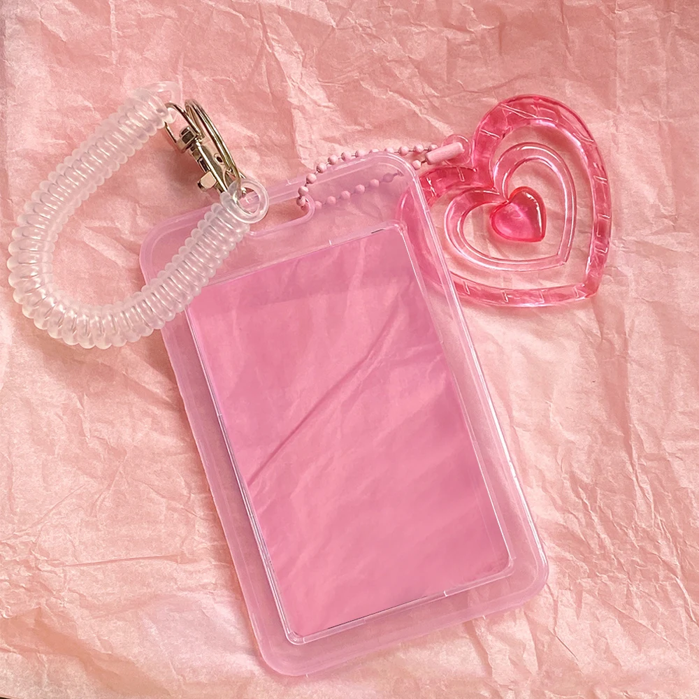 

Kpop Pink Photocard Holder With Heart Pendant 3 Inch Idol Photo Card Holder Keychain Student Bus ID Credit Card Case Stationery